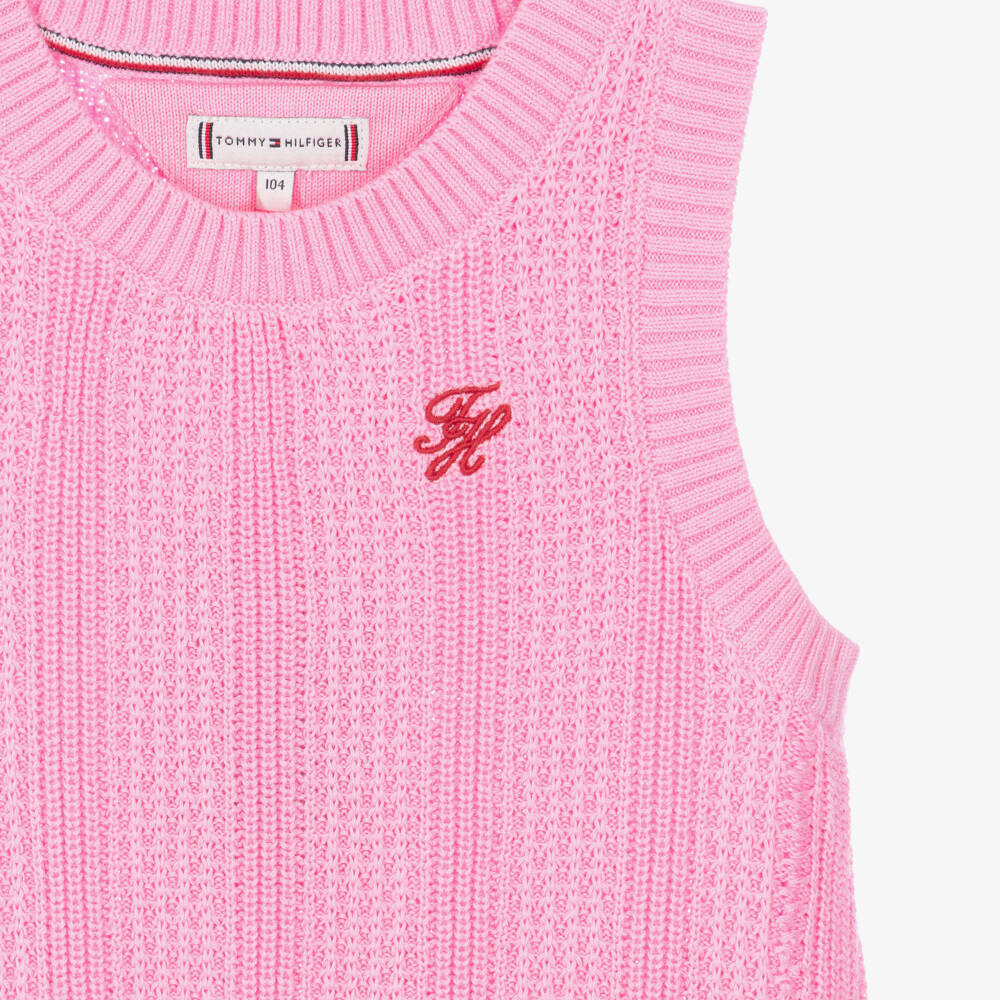 Tommy Hilfiger-Girls Pink Cotton Crochet Knit Jumper Dress | Childrensalon