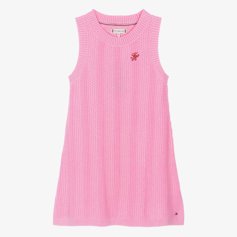 Tommy Hilfiger-Girls Pink Cotton Crochet Knit Jumper Dress | Childrensalon
