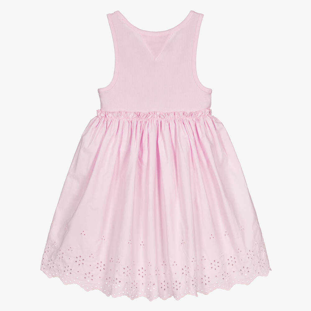Tommy Hilfiger-Girls Pink Cotton Jersey & Broderie Anglaise Dress | Childrensalon