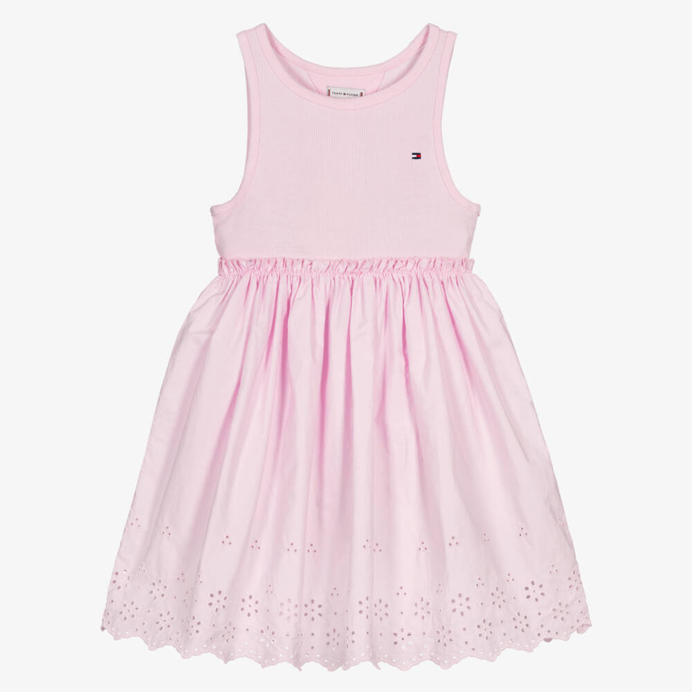 Tommy Hilfiger-Girls Pink Cotton Jersey & Broderie Anglaise Dress | Childrensalon