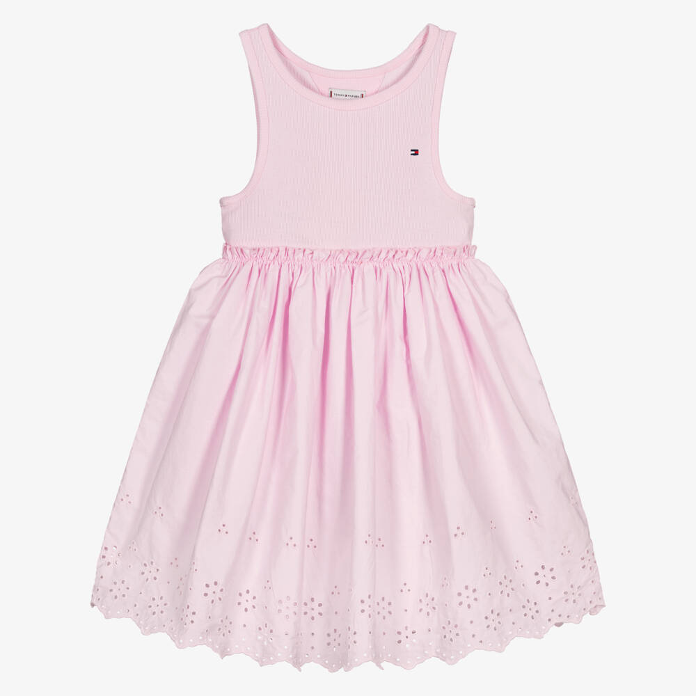 Tommy Hilfiger-Girls Pink Cotton Jersey & Broderie Anglaise Dress | Childrensalon