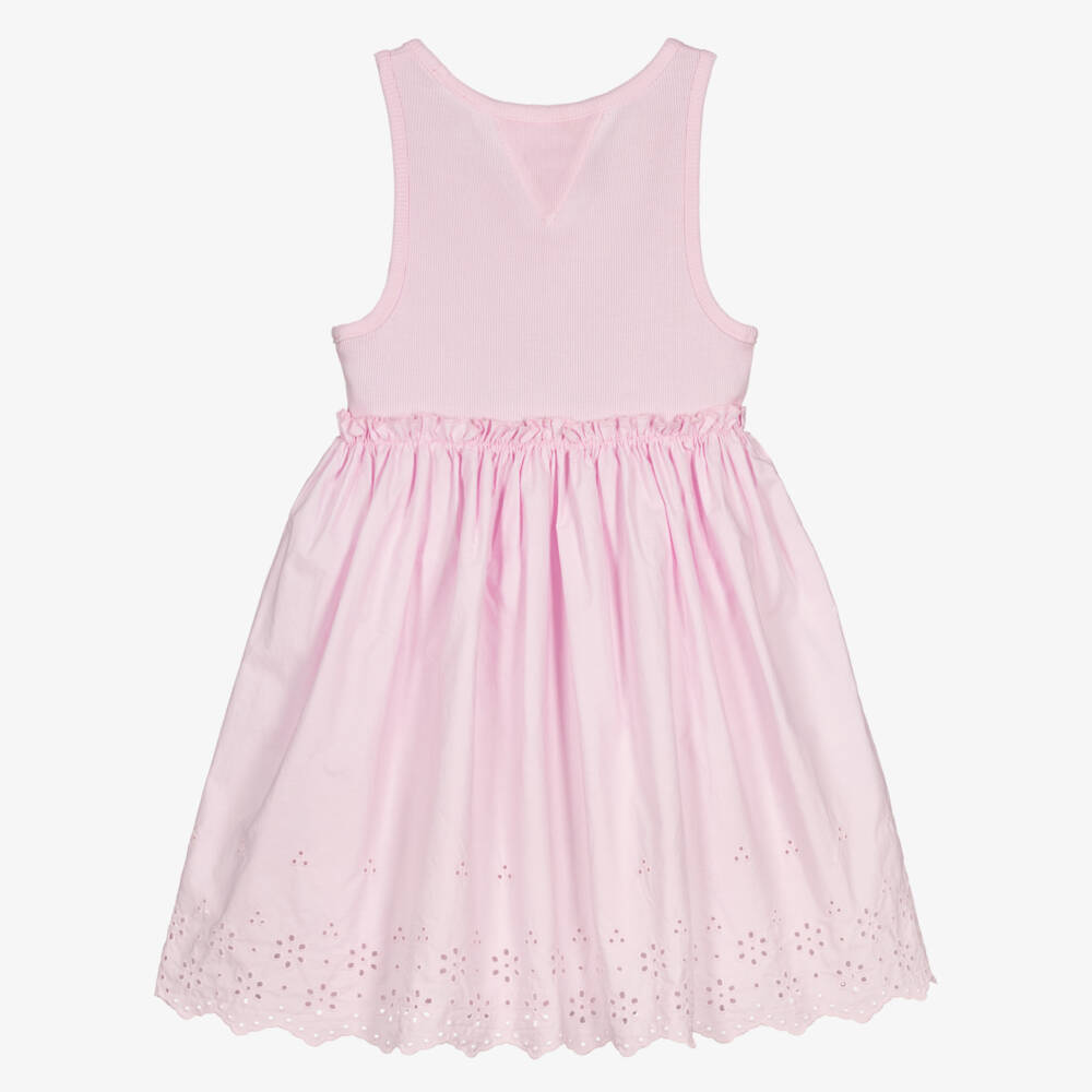 Tommy Hilfiger-Girls Pink Cotton Jersey & Broderie Anglaise Dress | Childrensalon