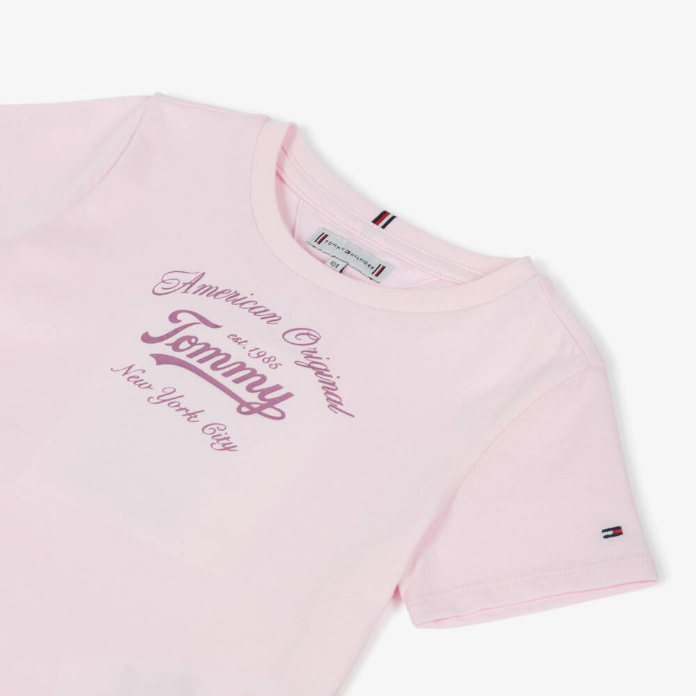 Tommy Hilfiger-Girls Pink Cotton Metallic Logo T-Shirt | Childrensalon
