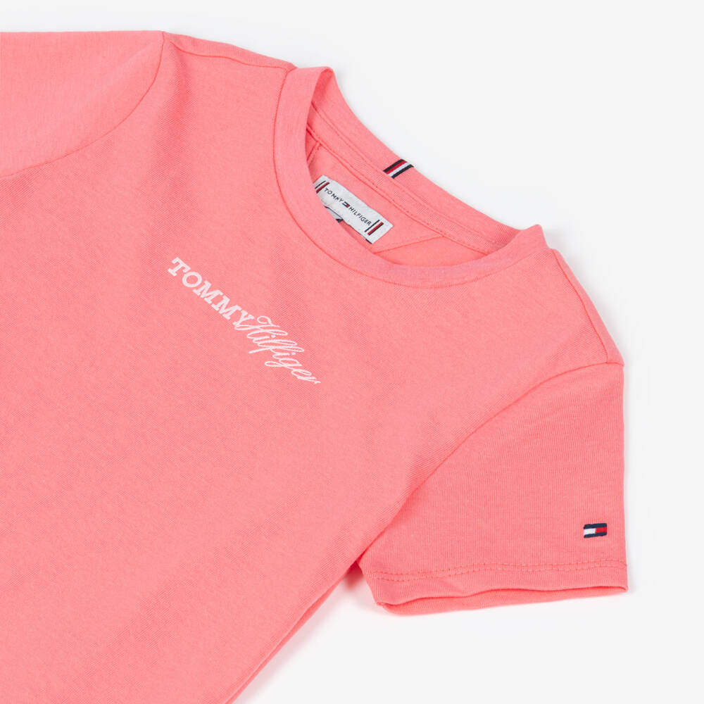 Tommy Hilfiger-Girls Pink Cotton Script Logo T-Shirt | Childrensalon