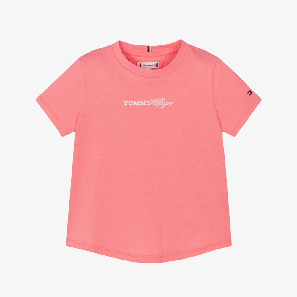 Tommy Hilfiger-Girls Pink Cotton Script Logo T-Shirt | Childrensalon