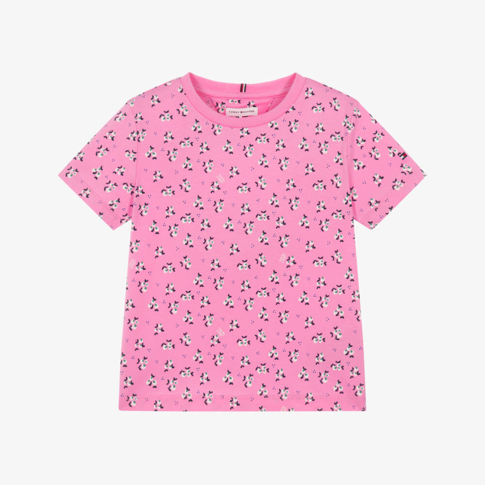 Tommy Hilfiger-Girls Pink Cotton T-Shirt with Floral Print | Childrensalon