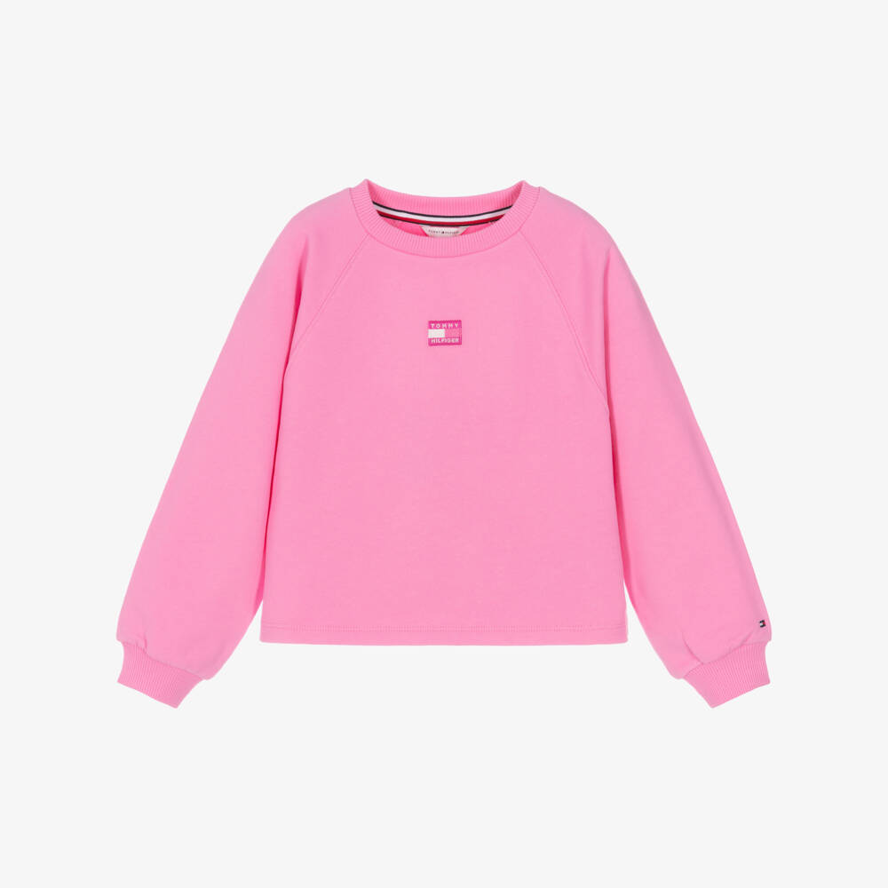 Tommy Hilfiger-Girls Pink Crew Neck Sweatshirt with Raglan Sleeves | Childrensalon