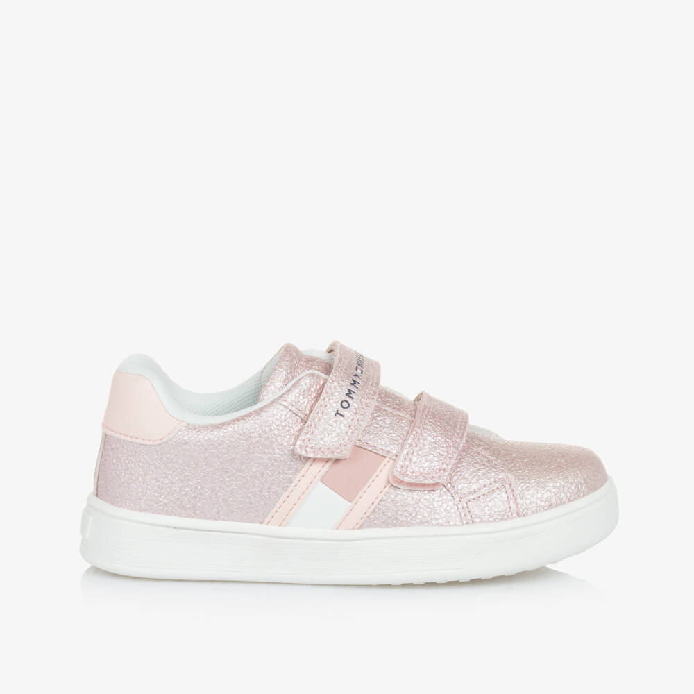 Tommy Hilfiger-Girls Pink Glitter Faux Leather Trainers | Childrensalon