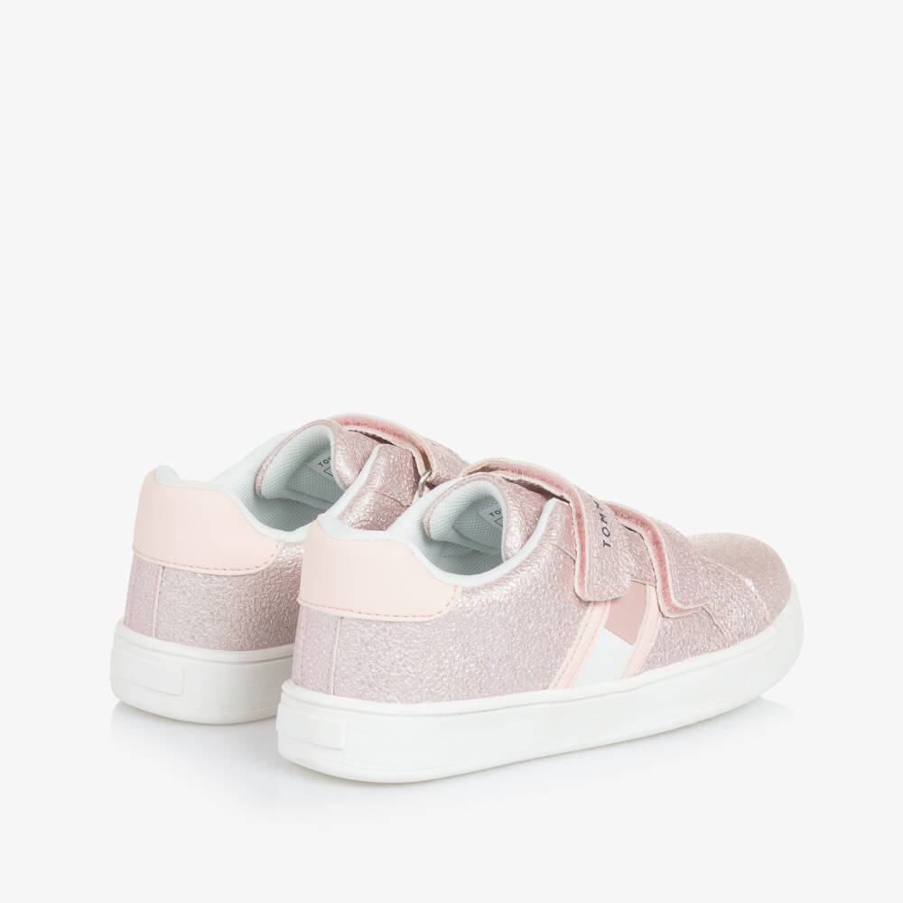 Tommy Hilfiger-Girls Pink Glitter Faux Leather Trainers | Childrensalon