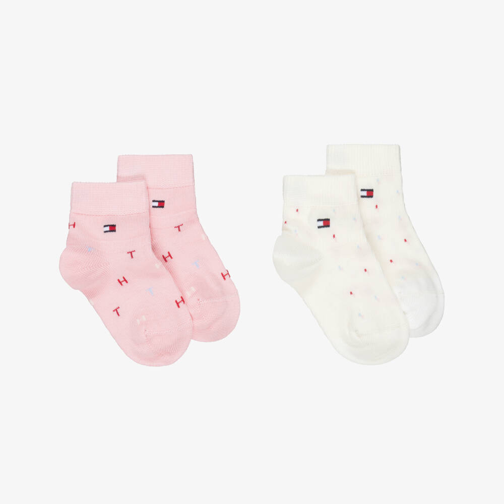 Tommy Hilfiger-Girls Pink & Ivory Knitted Ankle Socks with Flag Logo | Childrensalon