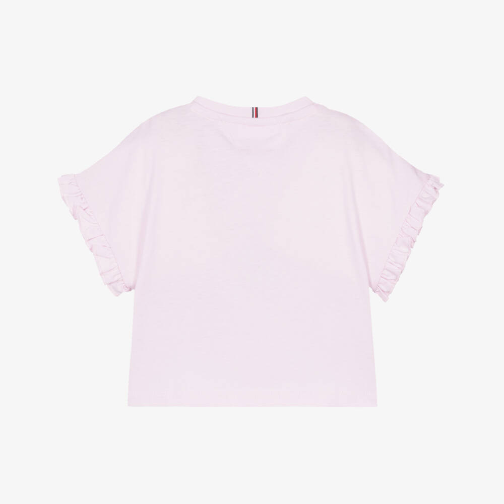 Tommy Hilfiger-Girls Pink Jersey T-Shirt with Ruffle Trim | Childrensalon
