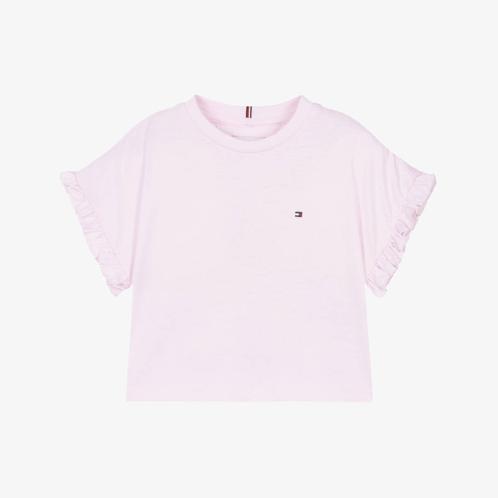 Tommy Hilfiger-Girls Pink Jersey T-Shirt with Ruffle Trim | Childrensalon
