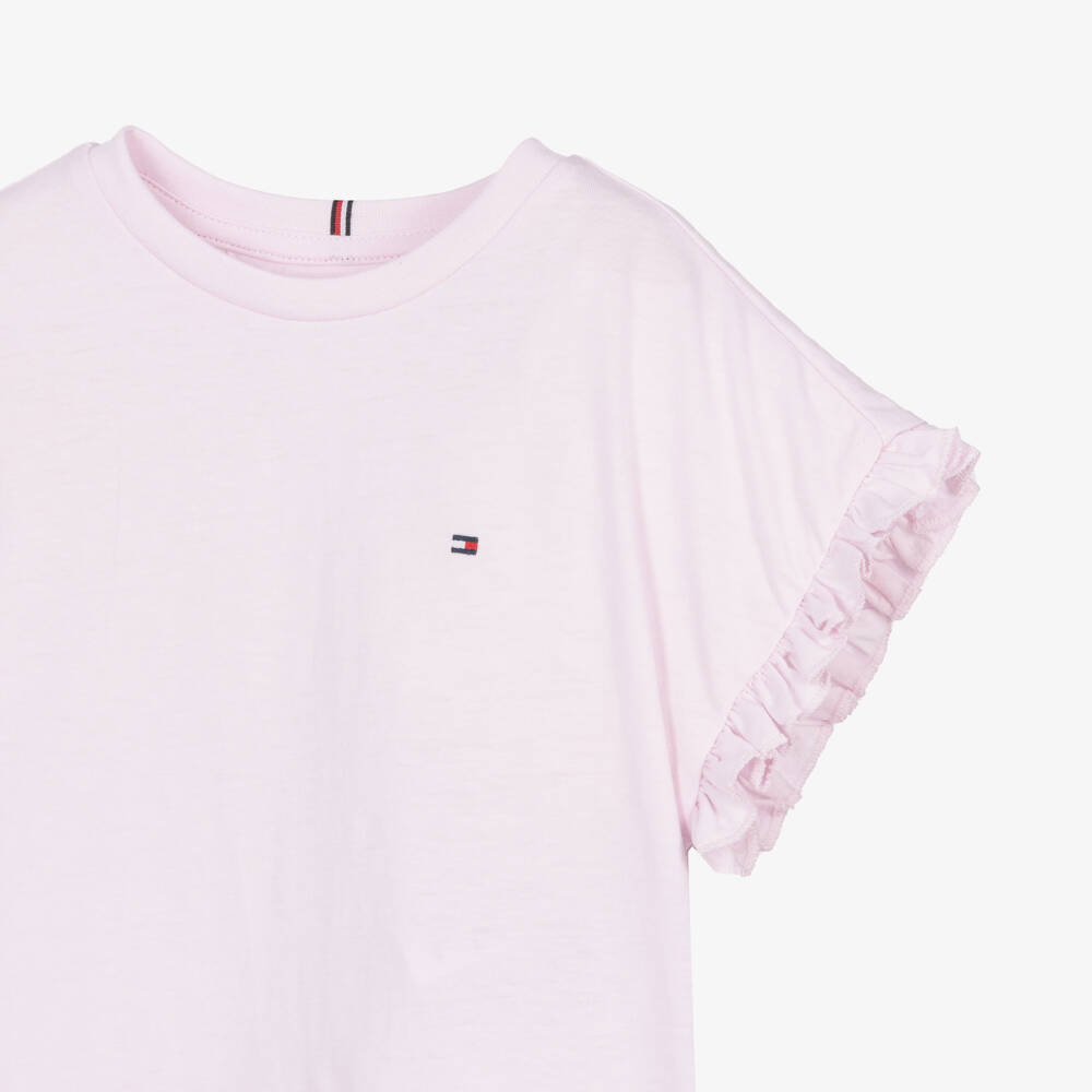 Tommy Hilfiger-Girls Pink Jersey T-Shirt with Ruffle Trim | Childrensalon