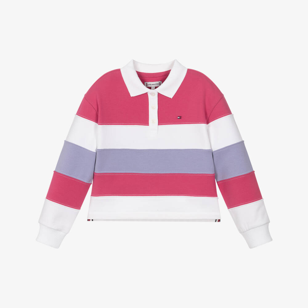 Tommy Hilfiger-Girls Pink & Purple Striped Jersey Polo Shirt | Childrensalon