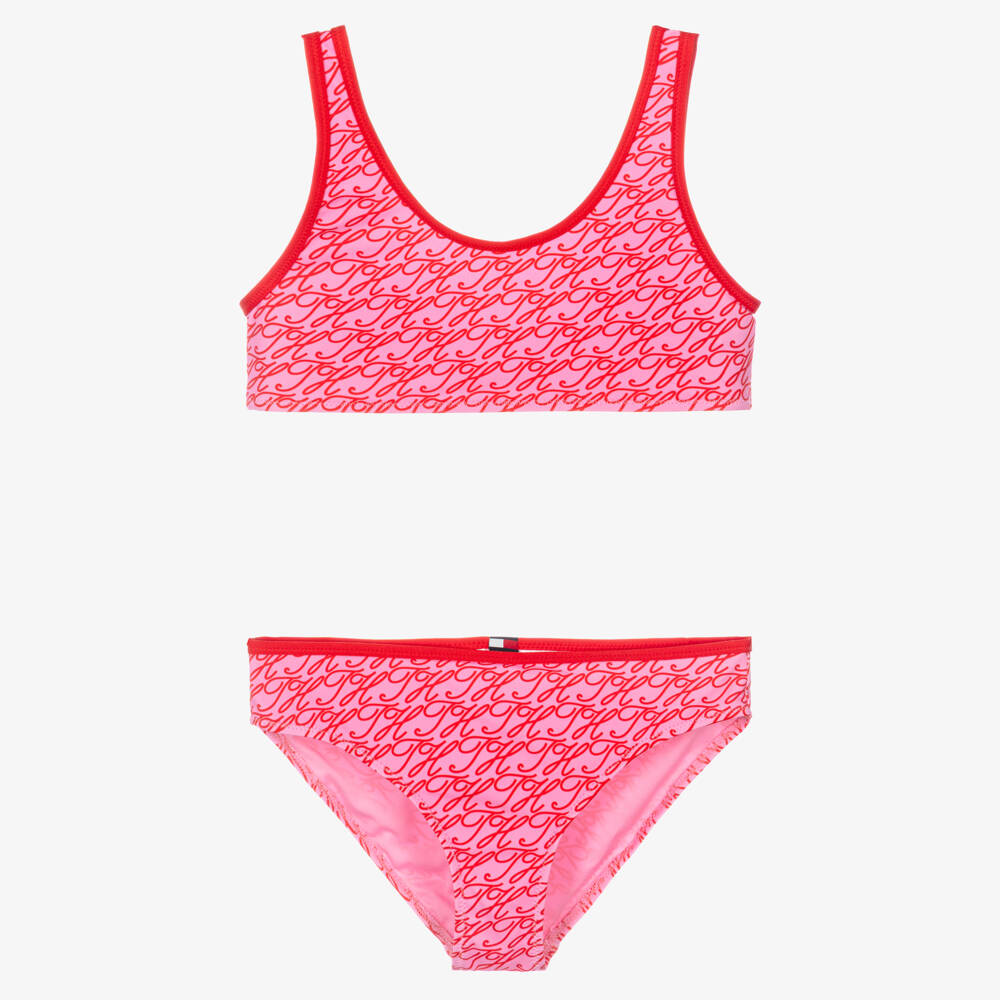 Tommy Hilfiger-Girls Pink & Red Script Logo Bikini | Childrensalon