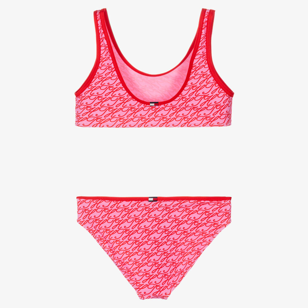 Tommy Hilfiger-Girls Pink & Red Script Logo Bikini | Childrensalon