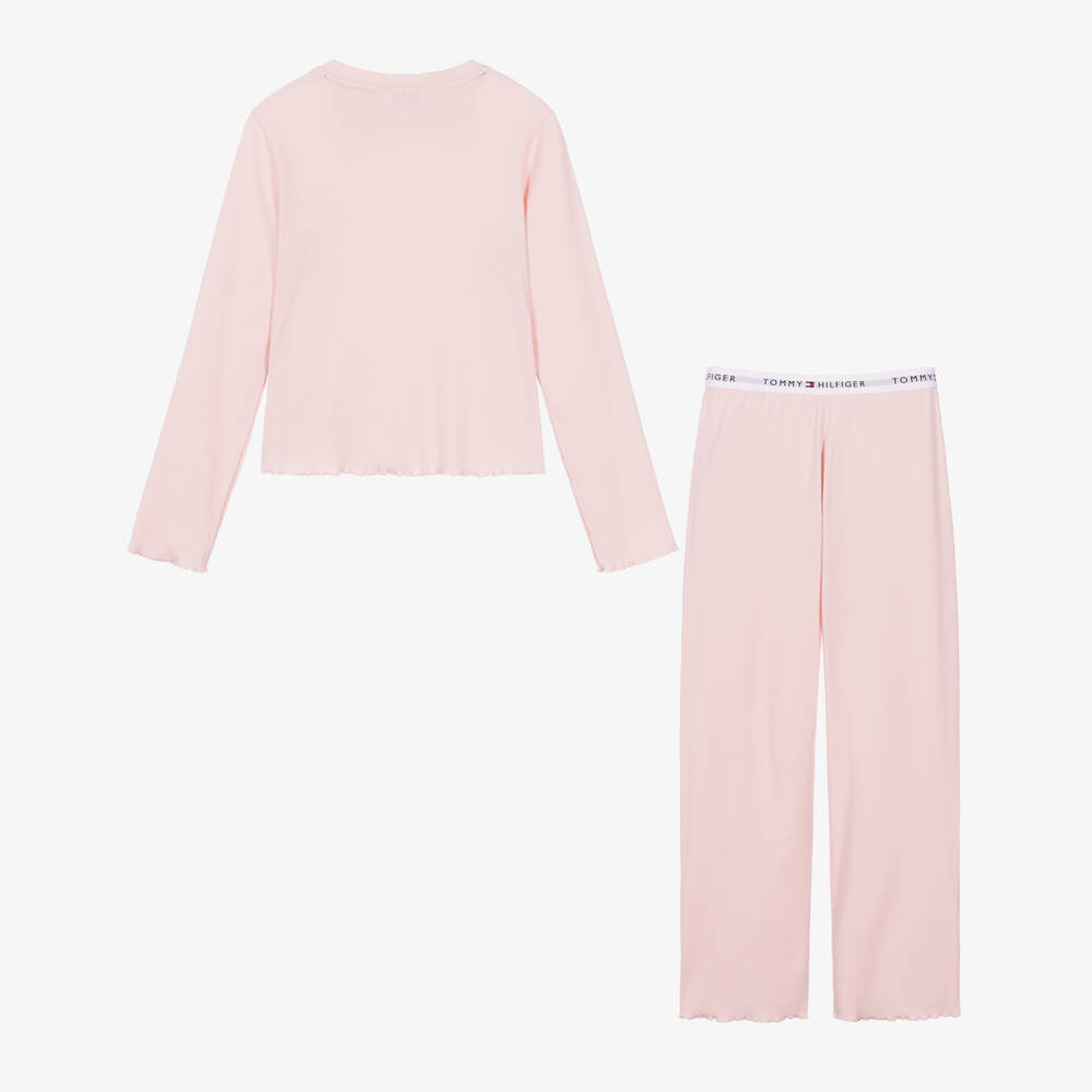 Tommy Hilfiger-Girls Pink Ribbed Jersey Pyjamas with Signature Waistband | Childrensalon