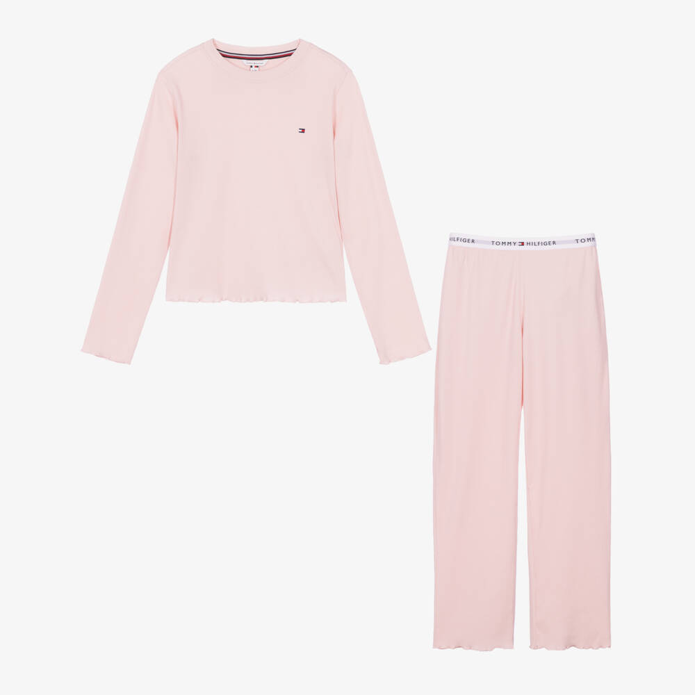 Tommy Hilfiger-Girls Pink Ribbed Jersey Pyjamas with Signature Waistband | Childrensalon