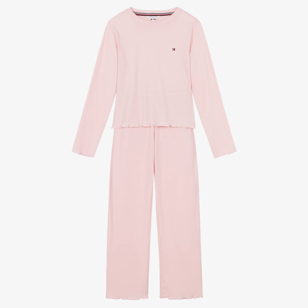 Tommy Hilfiger-Girls Pink Ribbed Jersey Pyjamas with Signature Waistband | Childrensalon