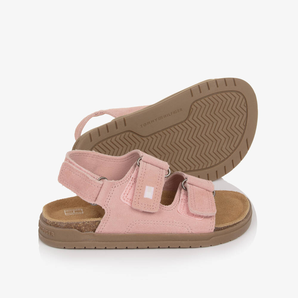 Tommy Hilfiger-Girls Pink Suede Leather Sandals with Velcro Fastening | Childrensalon