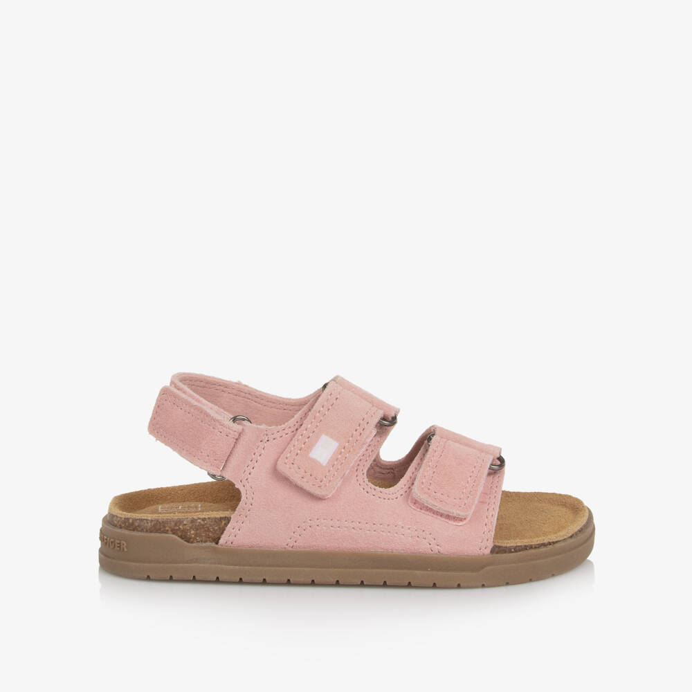 Tommy Hilfiger-Girls Pink Suede Leather Sandals with Velcro Fastening | Childrensalon