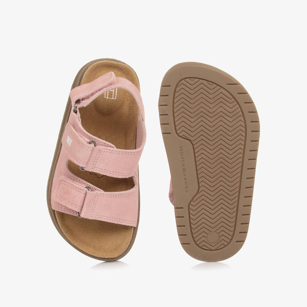 Tommy Hilfiger-Girls Pink Suede Leather Sandals with Velcro Fastening | Childrensalon