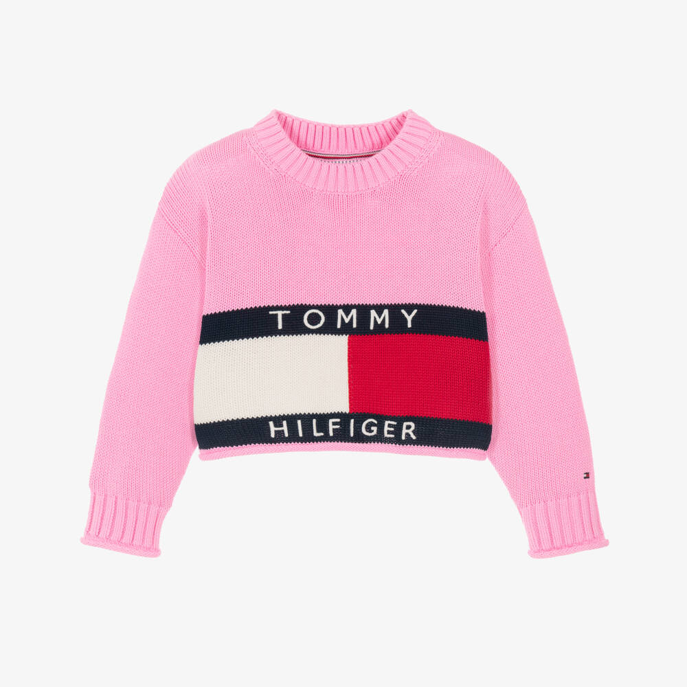 Tommy Hilfiger-Girls Pink Sweater with Heritage Intarsia Flag | Childrensalon