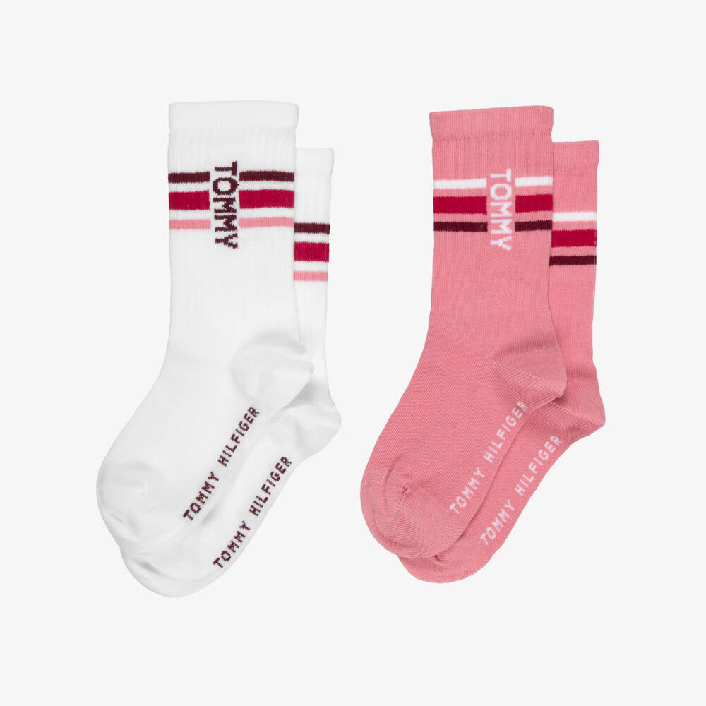 Tommy Hilfiger-Girls Pink & White Ankle-Length Socks with Logos (2 Pack) | Childrensalon