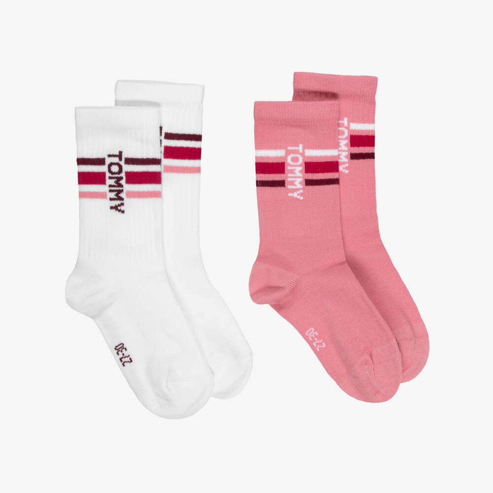 Tommy Hilfiger-Girls Pink & White Ankle-Length Socks with Logos (2 Pack) | Childrensalon