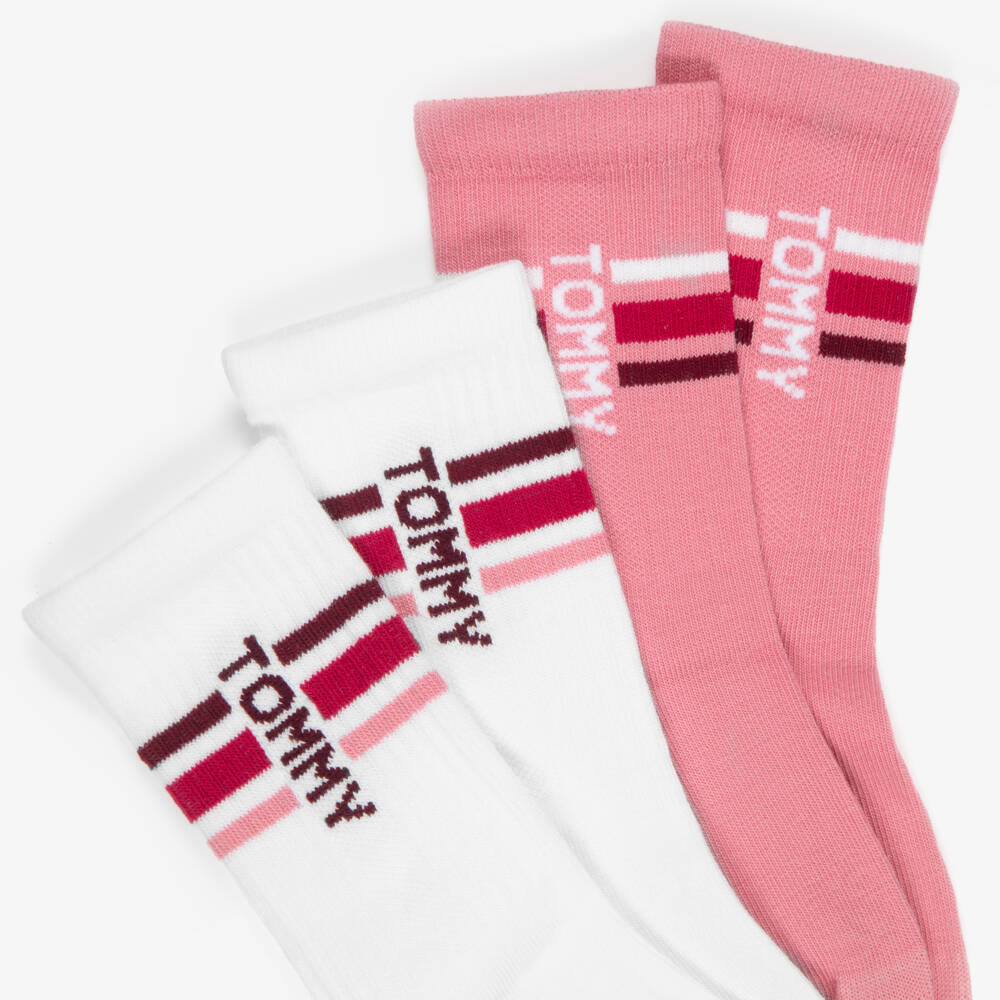 Tommy Hilfiger-Girls Pink & White Ankle-Length Socks with Logos (2 Pack) | Childrensalon
