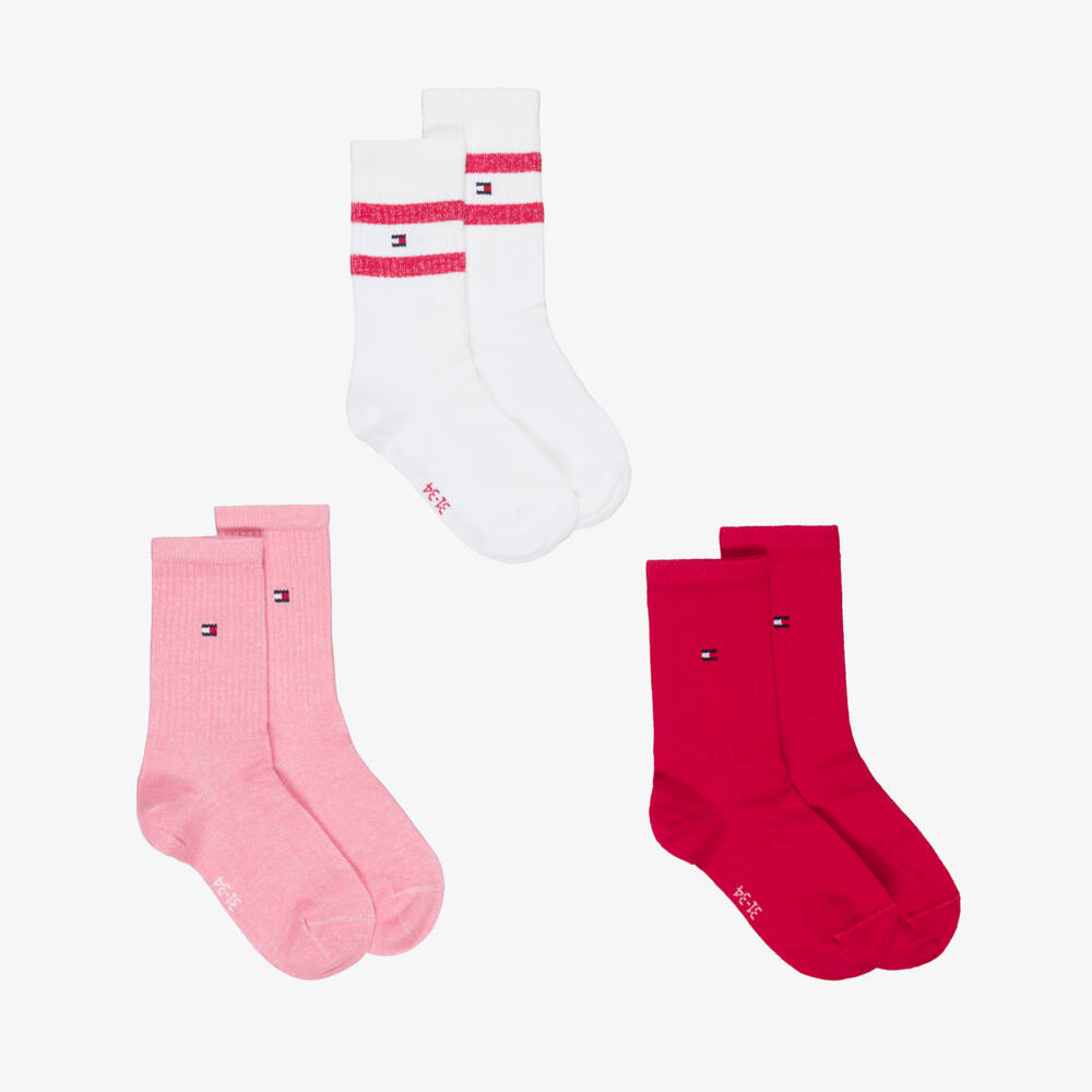Tommy Hilfiger-Girls Pink & White Cotton Ankle Socks (3 Pack) | Childrensalon
