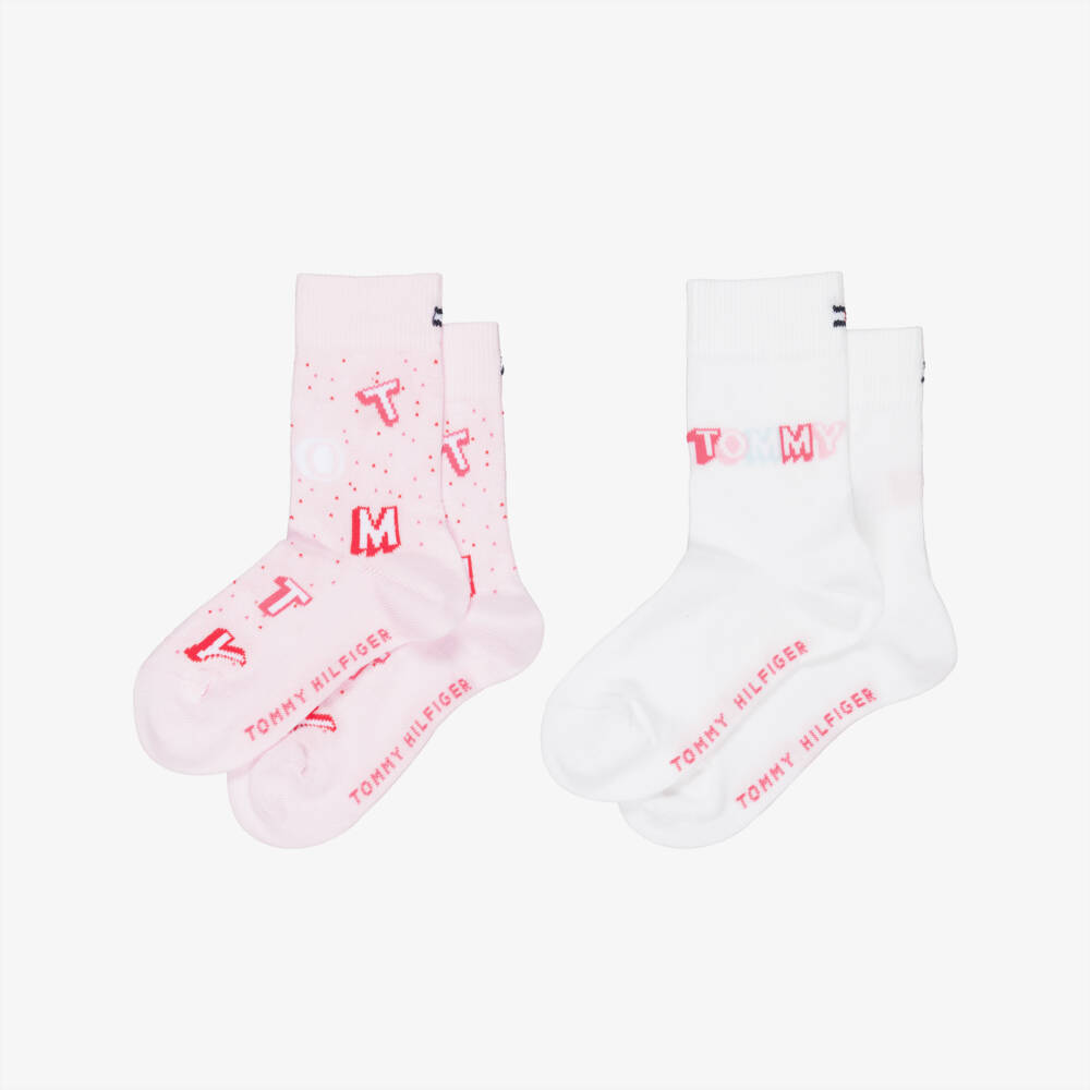 Tommy Hilfiger-Girls Pink & White Knitted Logo Socks (2 Pack) | Childrensalon