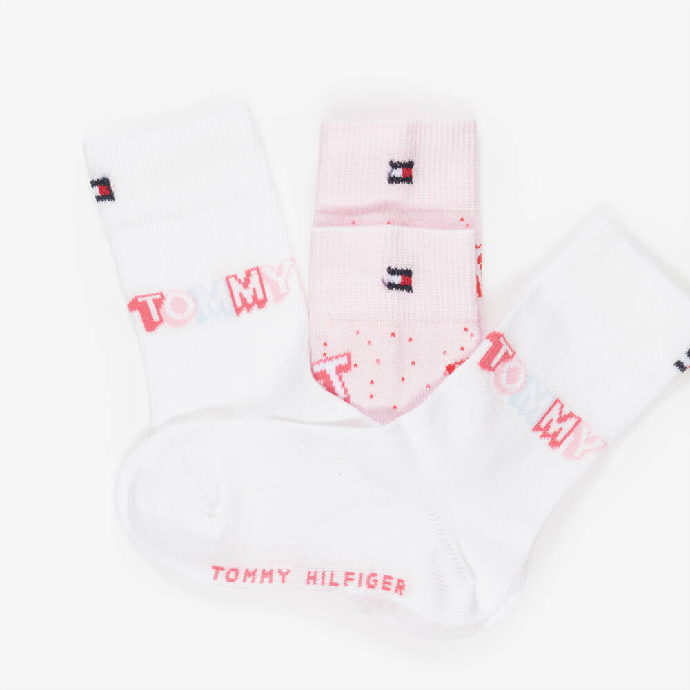 Tommy Hilfiger-Girls Pink & White Knitted Logo Socks (2 Pack) | Childrensalon