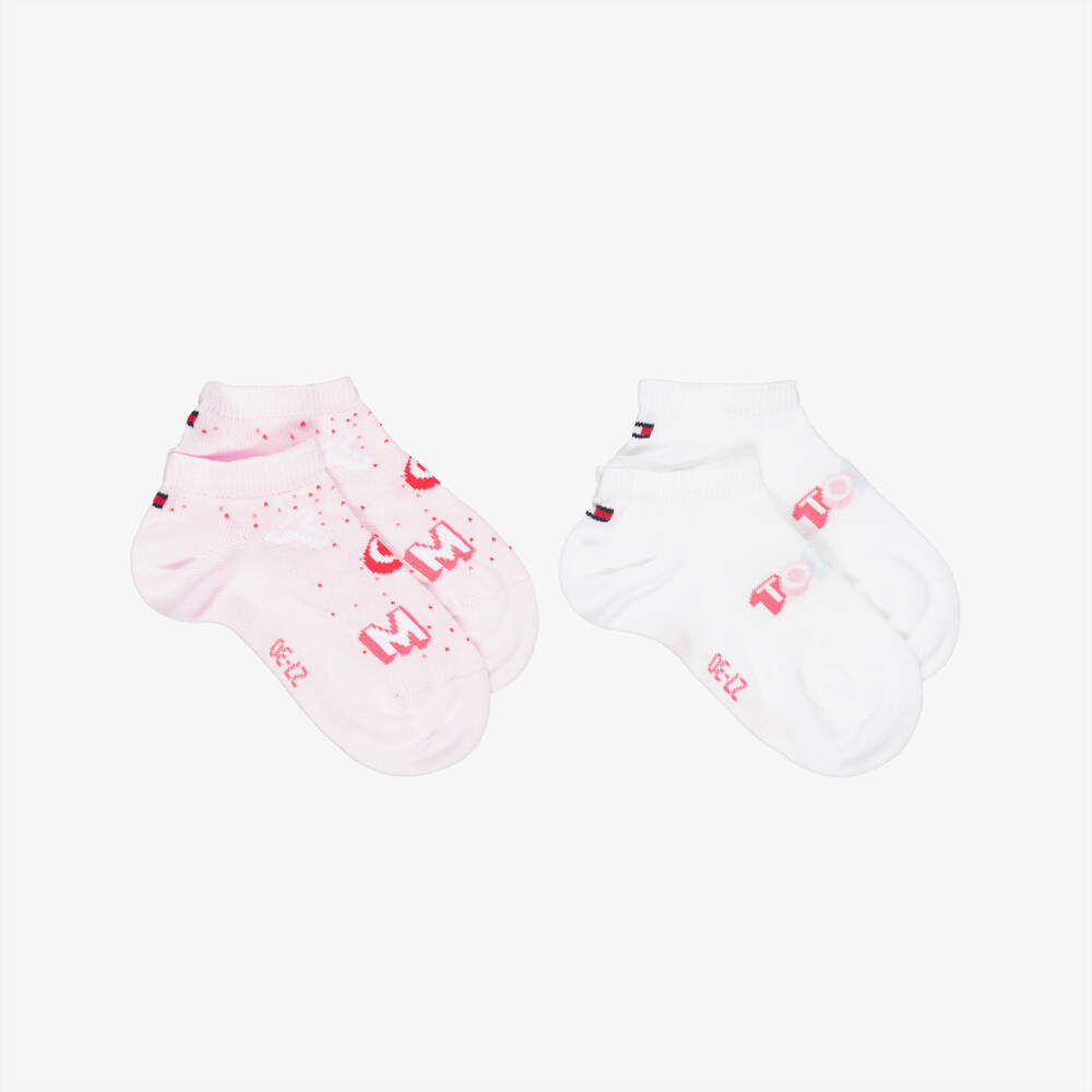 Tommy Hilfiger-Girls Pink & White Logo Trainer Socks (2 Pack) | Childrensalon