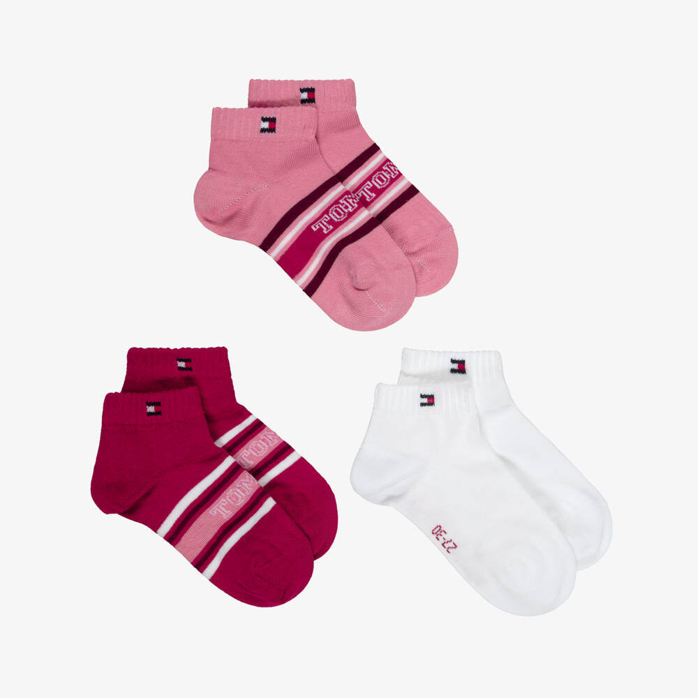 Tommy Hilfiger-Girls Pink & White Logo Trainer Socks (3 Pack) | Childrensalon