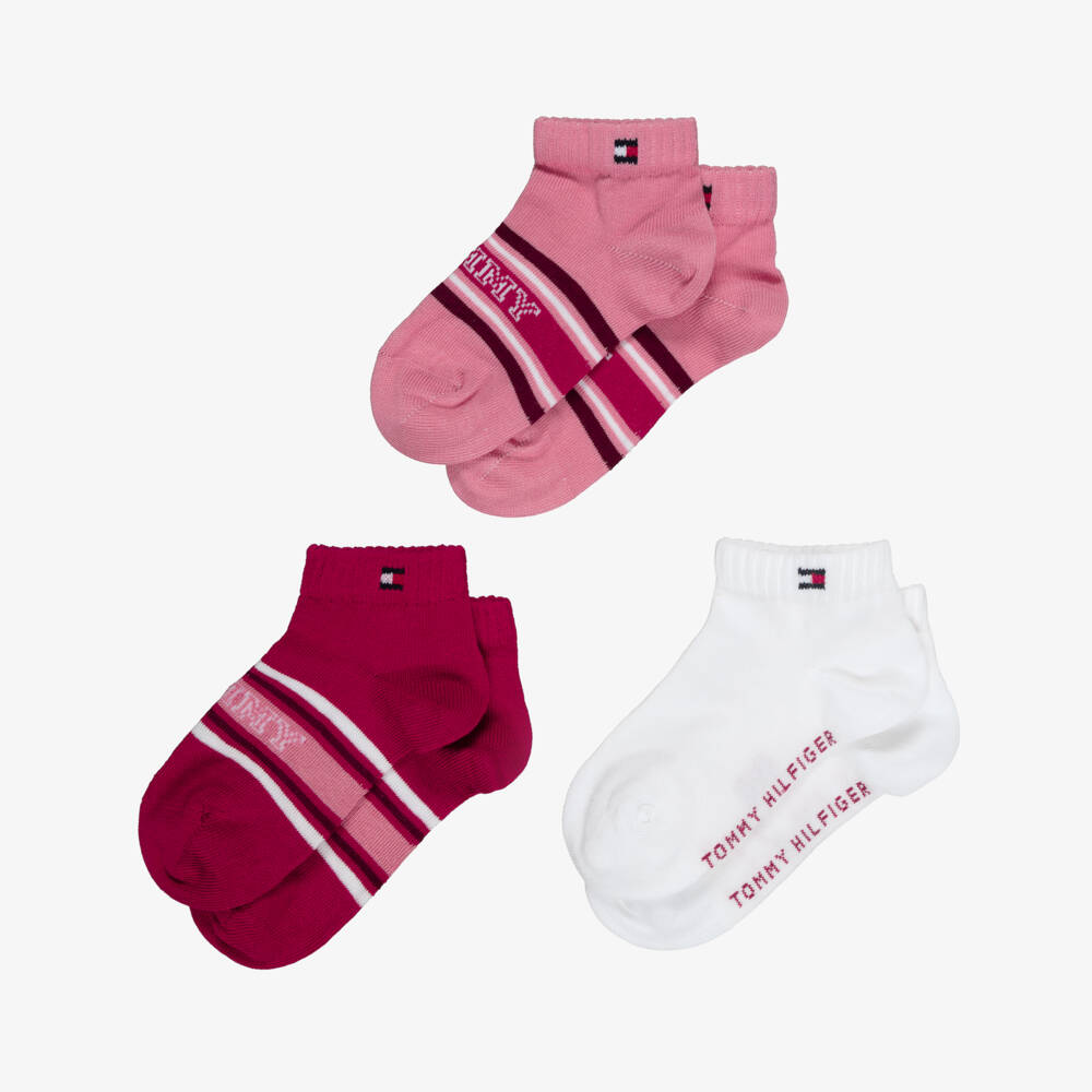 Tommy Hilfiger-Girls Pink & White Logo Trainer Socks (3 Pack) | Childrensalon