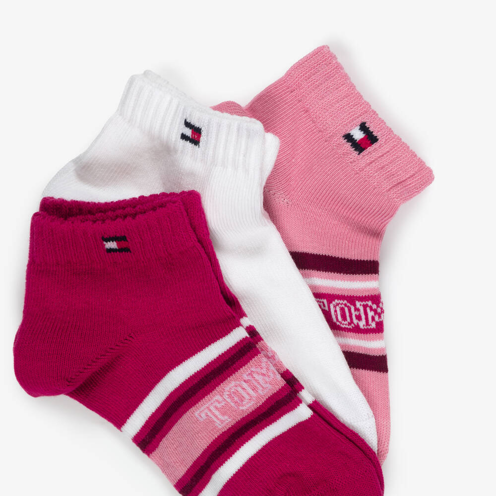 Tommy Hilfiger-Girls Pink & White Logo Trainer Socks (3 Pack) | Childrensalon
