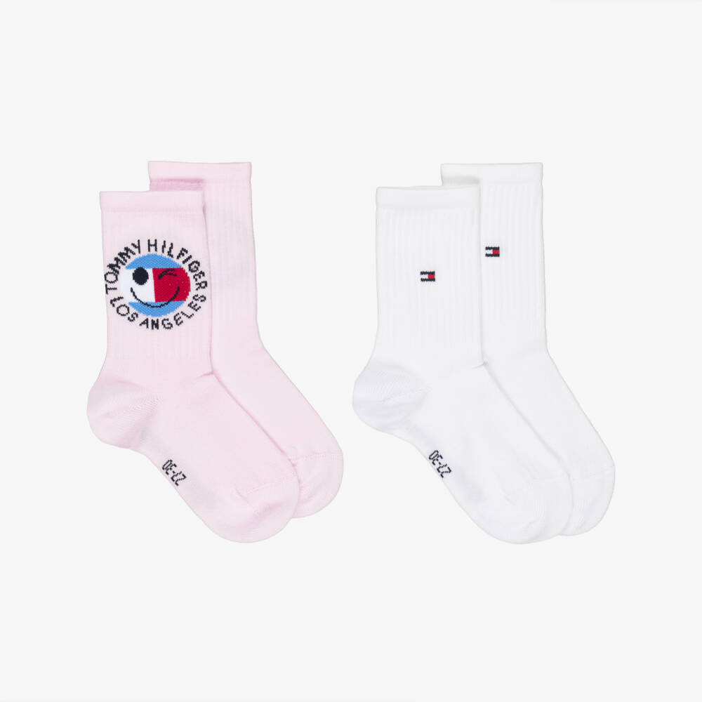 Tommy Hilfiger-Girls Pink & White Smiley Flag Logo Socks | Childrensalon