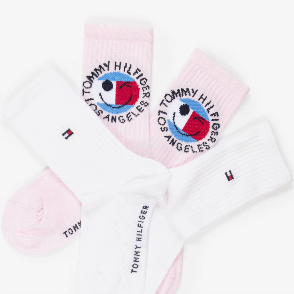 Tommy Hilfiger-Girls Pink & White Smiley Flag Logo Socks | Childrensalon