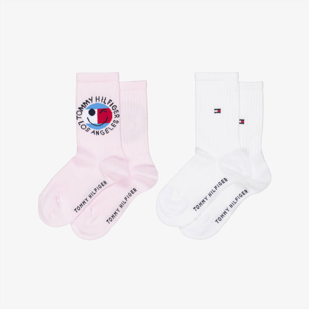 Tommy Hilfiger-Girls Pink & White Smiley Flag Logo Socks | Childrensalon