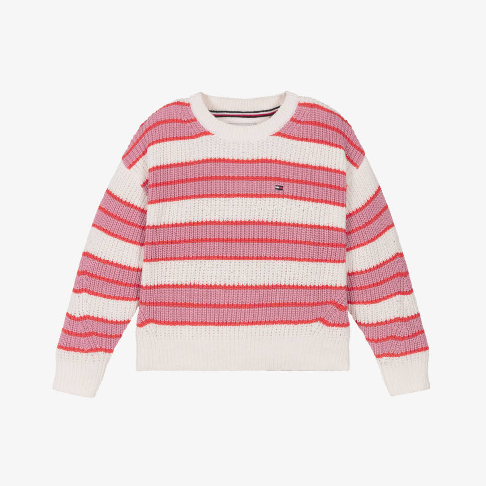 Tommy Hilfiger-Girls Pink & White Stripe Knitted Sweater | Childrensalon