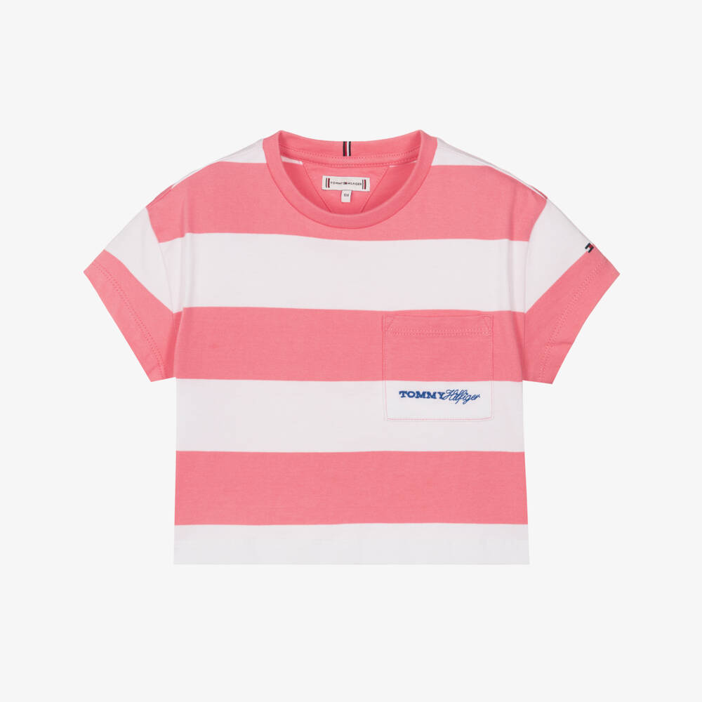 Tommy Hilfiger-Girls Pink & White Striped Boxy Cotton T-Shirt | Childrensalon