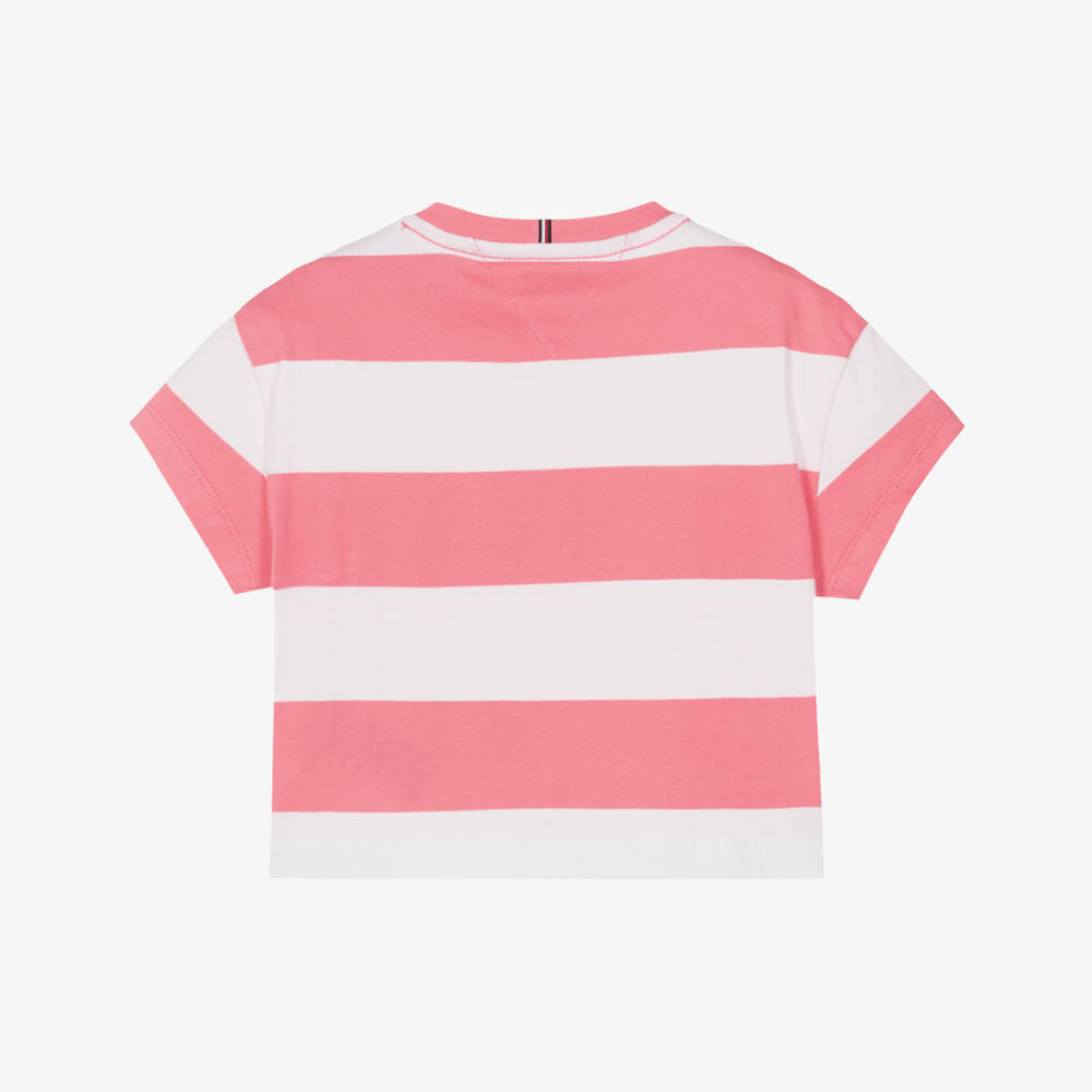 Tommy Hilfiger-Girls Pink & White Striped Boxy Cotton T-Shirt | Childrensalon