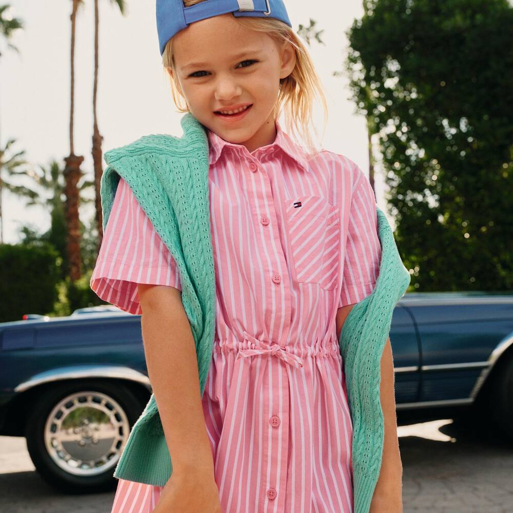 Tommy Hilfiger-Girls Pink & White Striped Cotton Shirt Dress | Childrensalon