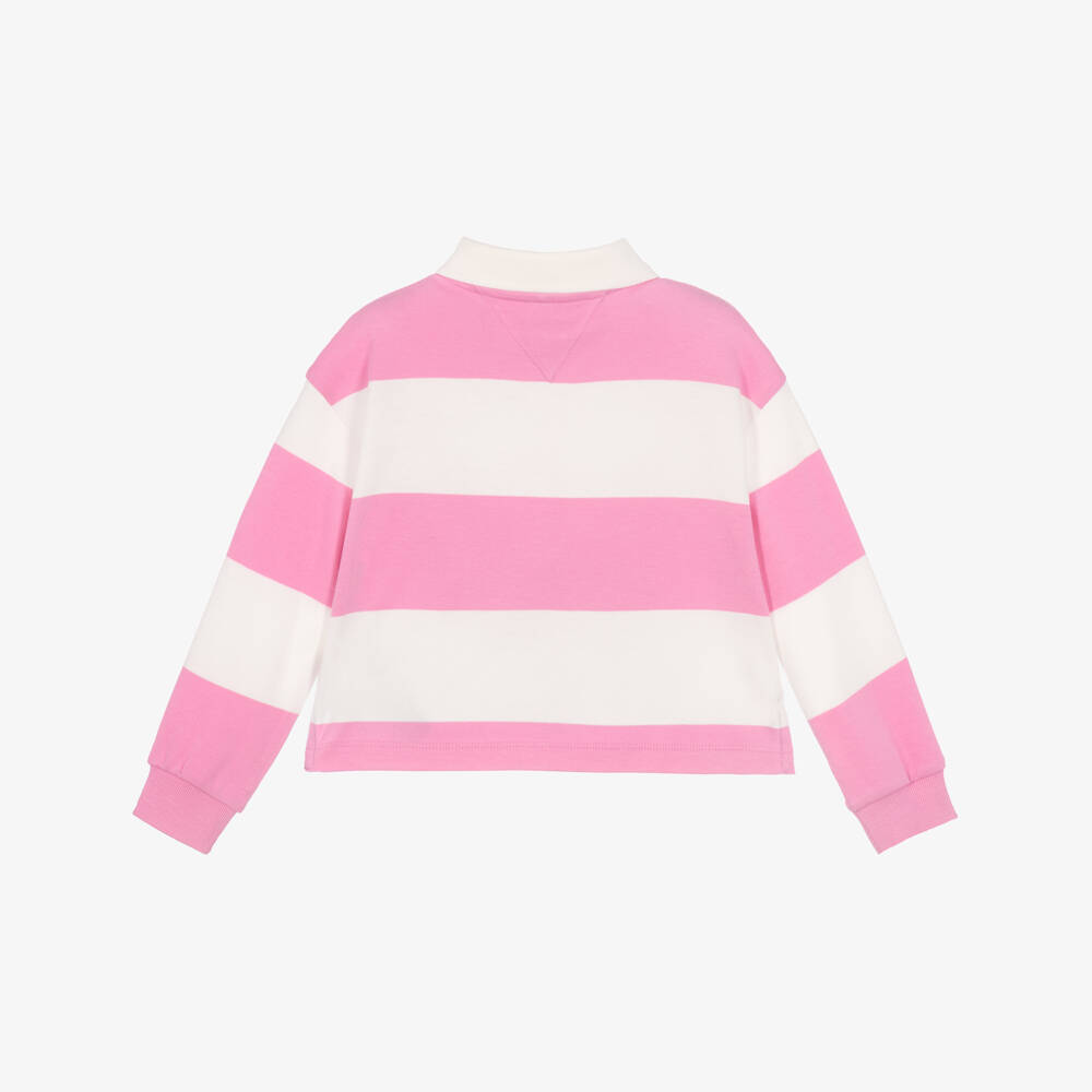 Tommy Hilfiger-Girls Pink & White Striped Rugby Shirt | Childrensalon