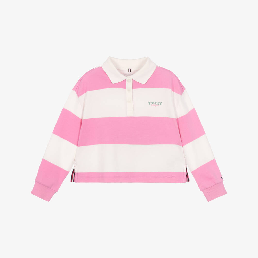 Tommy Hilfiger-Girls Pink & White Striped Rugby Shirt | Childrensalon