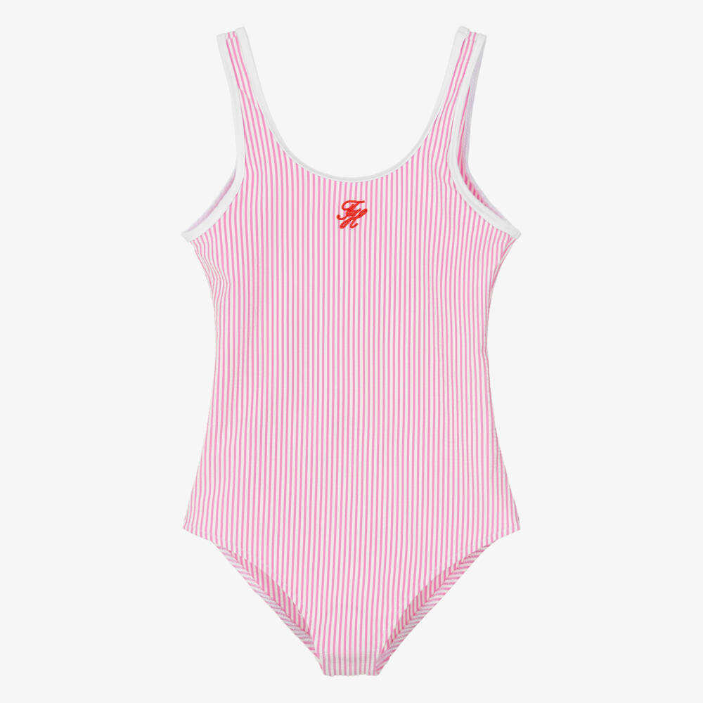 Tommy Hilfiger-Girls Pink & White Striped Seersucker Swimsuit | Childrensalon