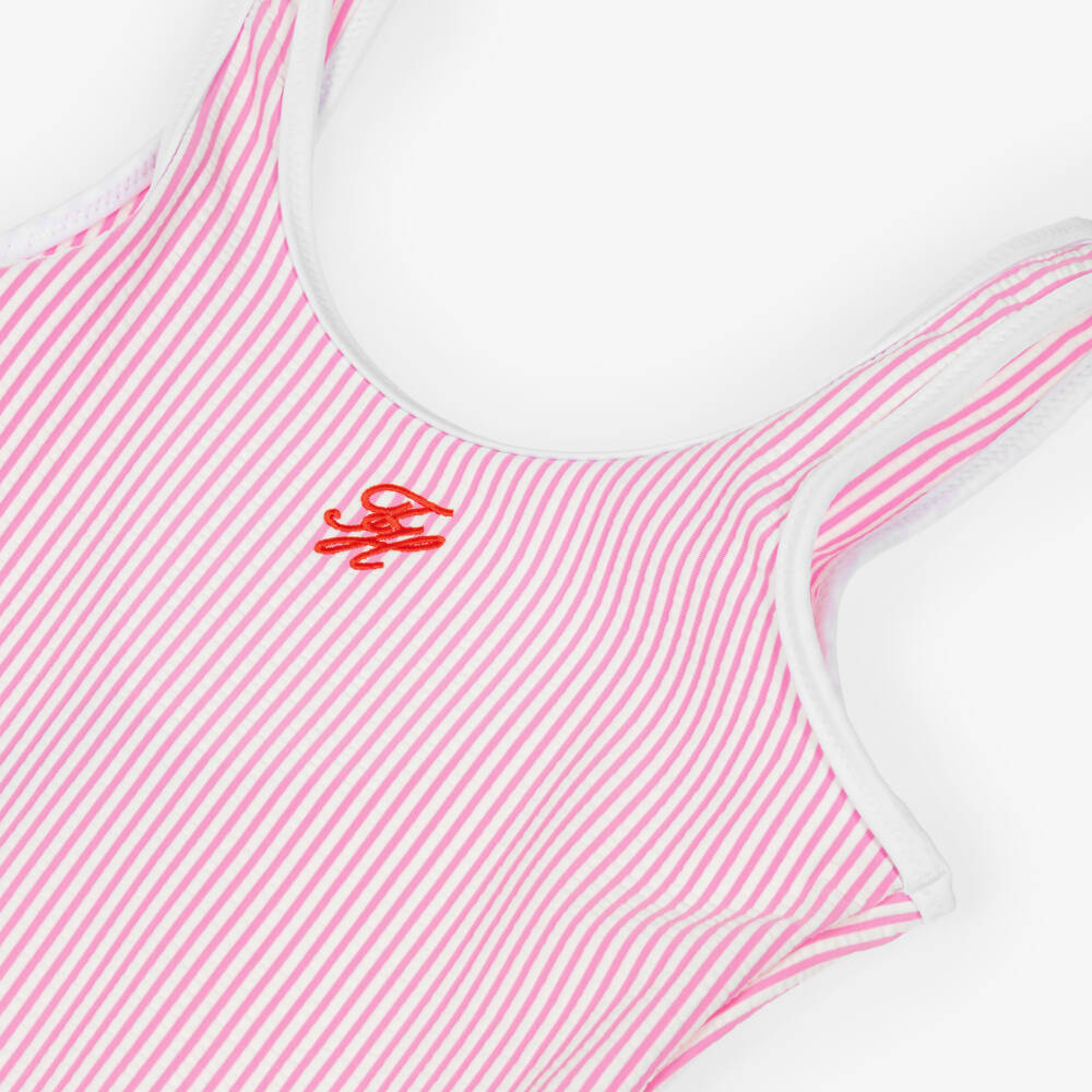 Tommy Hilfiger-Girls Pink & White Striped Seersucker Swimsuit | Childrensalon