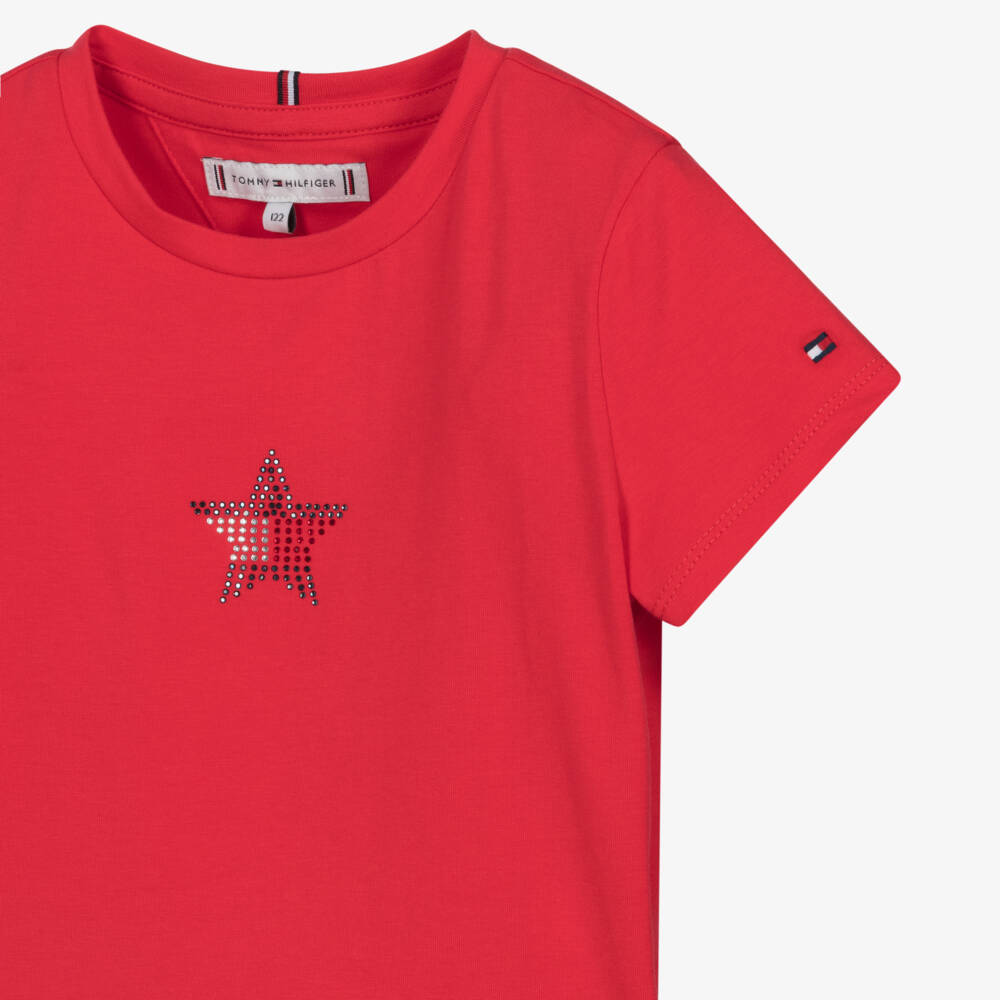 Tommy Hilfiger-Girls Red Diamanté Star Cotton Jersey T-Shirt | Childrensalon