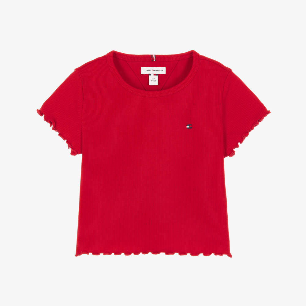 Tommy Hilfiger-Girls Red Extra Slim Ribbed T-Shirt | Childrensalon
